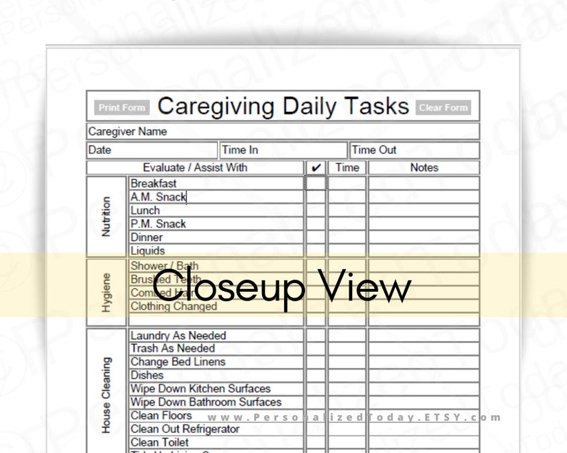 caregiver daily tasks log with time worked sign in and sign etsy