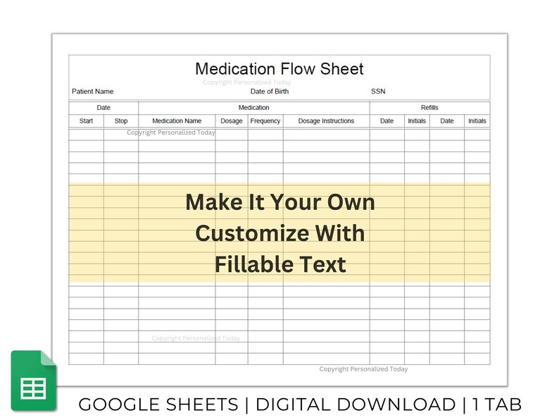 Medicine Flow Sheet Prescription Medication Doses, Frequency &amp; Refills ...