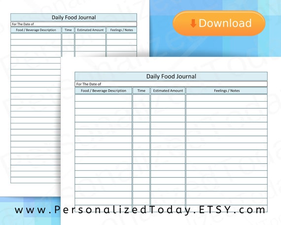 Printable Daily Food Intake Journal PDF Eating Log Chart Diary Track Foods  and Beverages Consumed Time Estimated Amount & Feelings or Notes