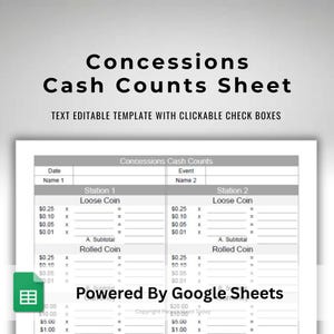 Google Sheets Concessions End of Shift Cash Count - Snack Stand Cash Envelope Tracker - Auto Calculated Concessions Revenue Totals Sheet