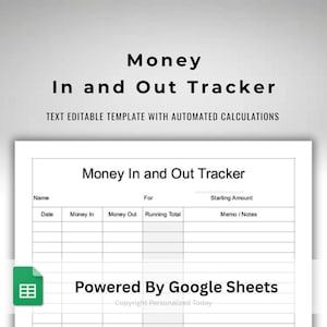 May include: A white document titled "Money In and Out Tracker" with fields for date, money in, money out, and running total. The text "TEXT EDITABLE TEMPLATE WITH AUTOMATED CALCULATIONS" is above the tracker. The document is "Powered By Google Sheets."
