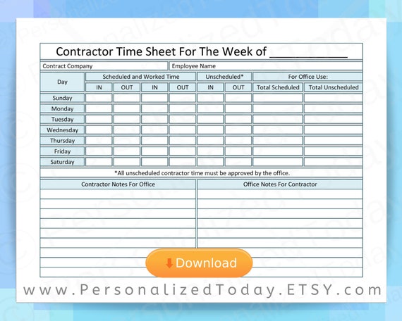 Printable Contractor Time Sheet Hours Log Labor Cost Tracker Etsy