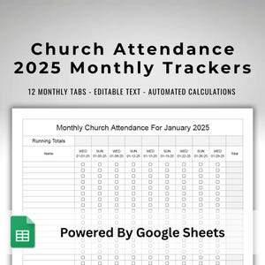 Google Sheets 2025 Monthly Church Attendance Count - 2025 Twice Weekly Monthly Church Attendance Tracker - Church Member Attendance Template