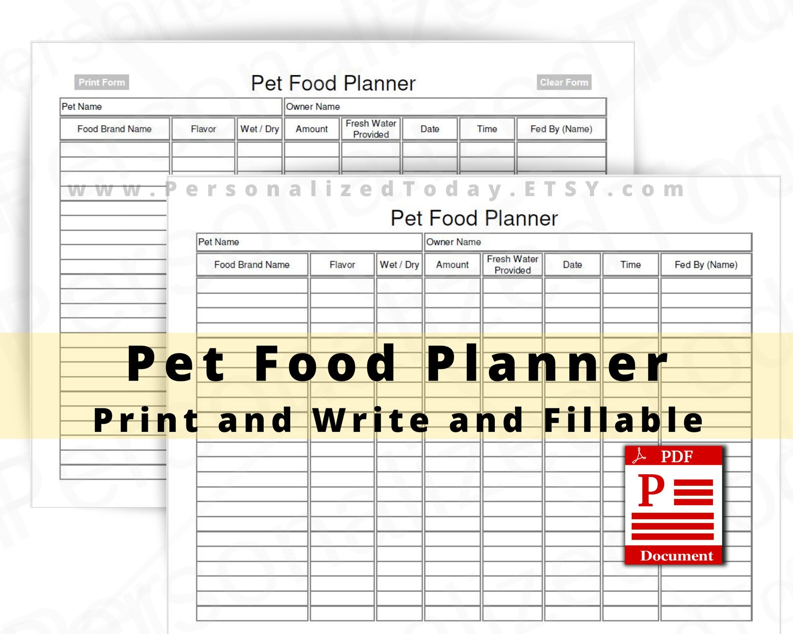Pet Food Planner Fillable and Print and Write PDF Files US Etsy