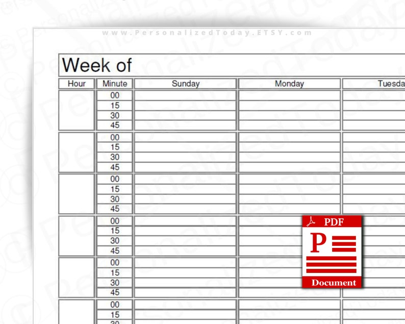 Weekly 15 Minute Time Increment Planner Fillable Editable and Etsy