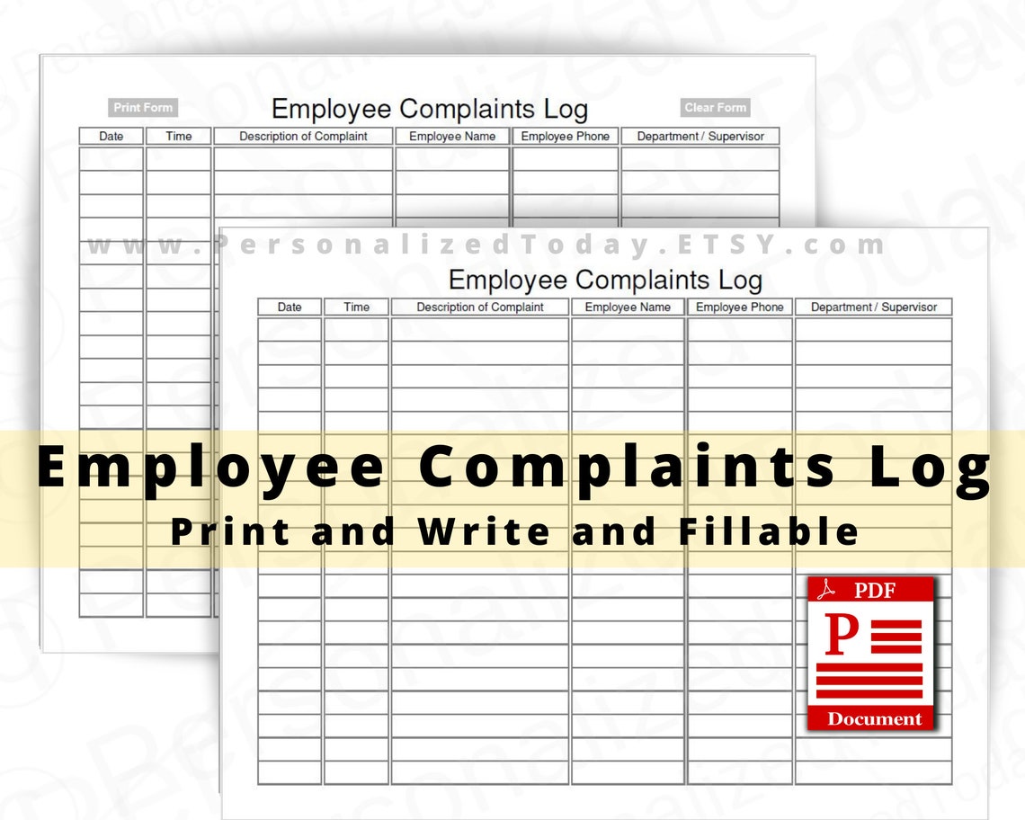 Employee Complaints Log Fillable and Print and Write PDF Files Etsy UK