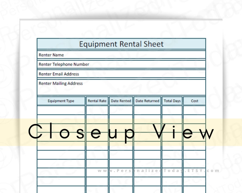 Equipment Rental Sheet Printable PDF Rate and Condition Etsy