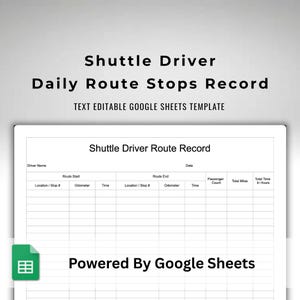 May include: A white document titled "Shuttle Driver Daily Route Stops Record" with a Google Sheets logo. The document includes fields for driver name, route details, odometer readings, and passenger count. The text "TEXT EDITABLE GOOGLE SHEETS TEMPLATE" is also visible.