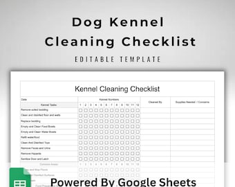 Dog Kennel Cleaning Checklist - Google Sheets Pet Care Daily Chores Tracker - Boarding Daycare Vet Editable Log - Facility Sanitation SOP