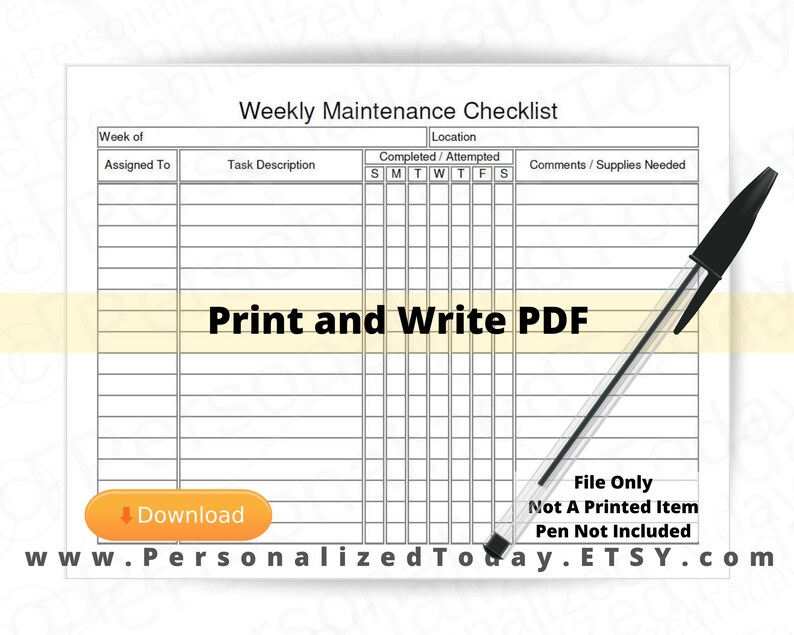 Weekly Maintenance Checklist Fillable / Editable and Print and | Etsy