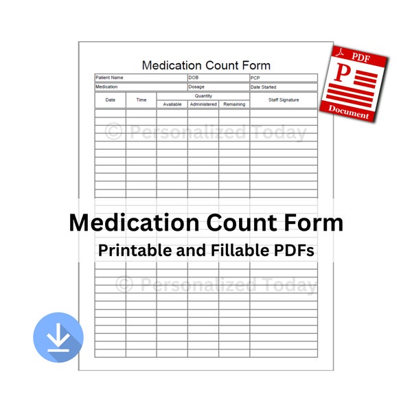 PDF Medication Count Sheet 1 Printable & 1 Text Input Fillable US Letter Size Digital Download Not Fully Editable Templates