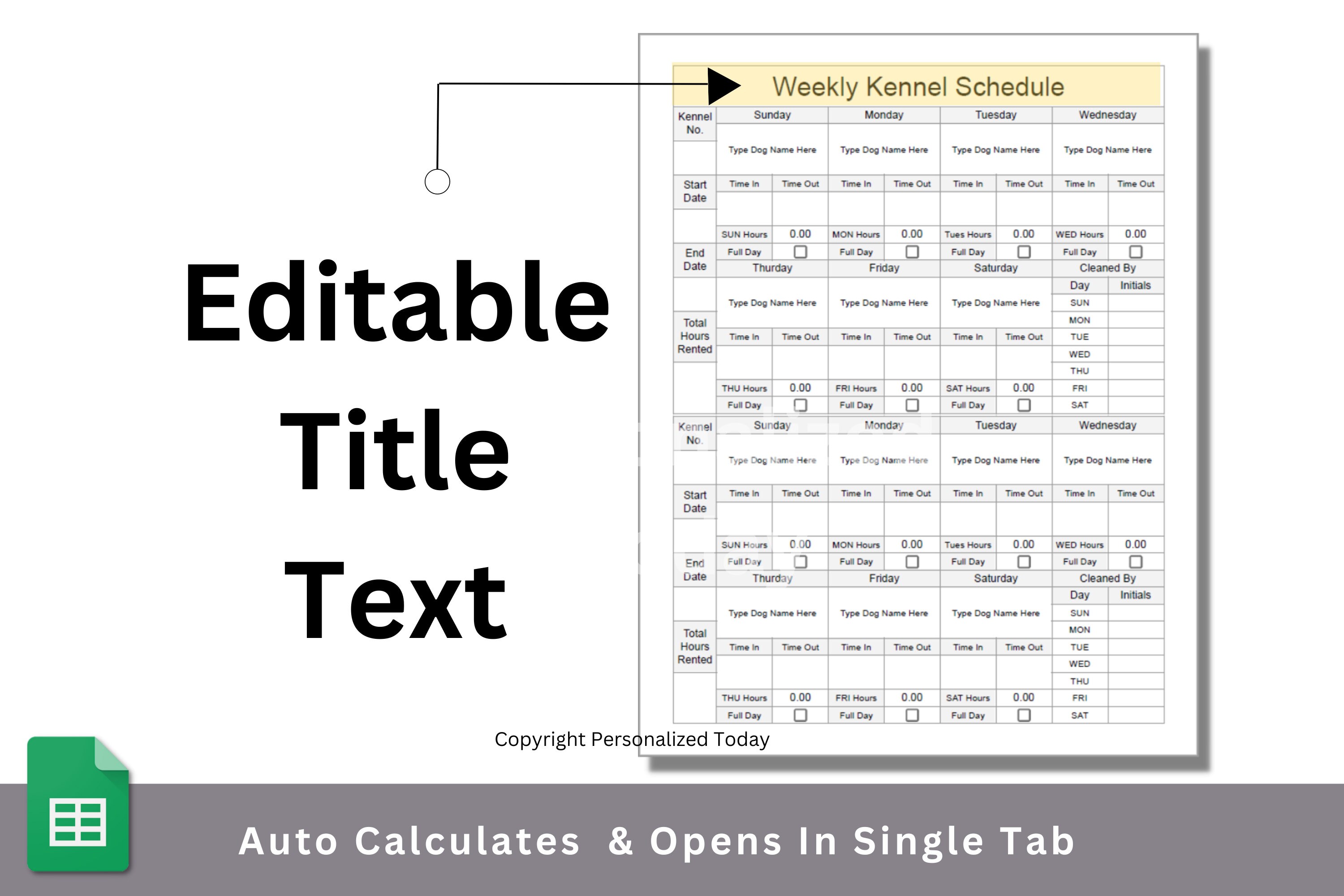 Weekly Dog Kennel Schedule Template Google Sheets Editable Spreadsheet