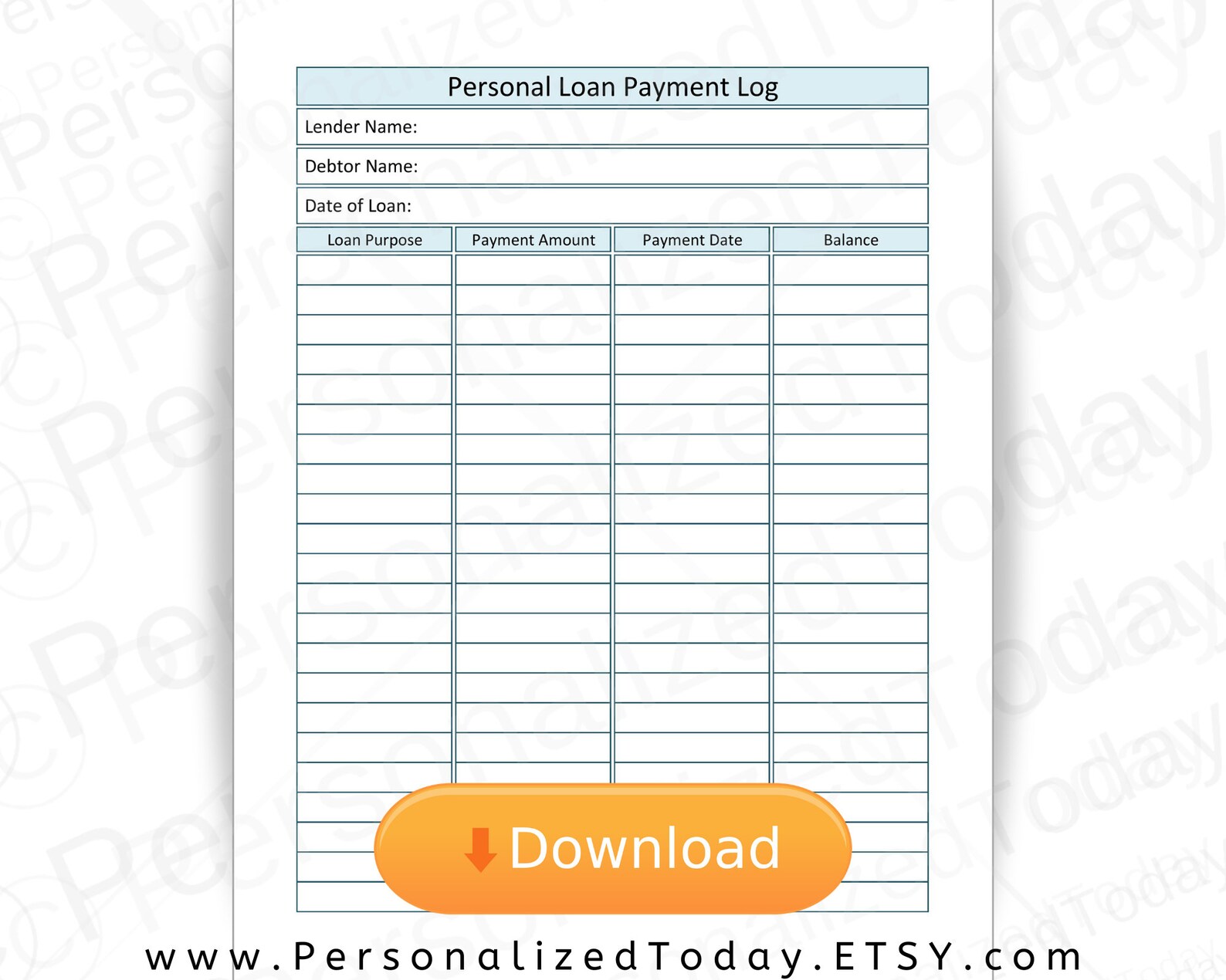 Printable Personal Loan Payment Log Vertical Tall and Etsy