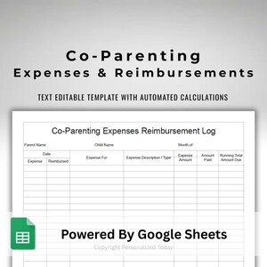 Co-Parenting Expenses Reimbursement Log Google Sheets Editable Spreadsheet Template With Automatic Calculations and Text Fillable Title