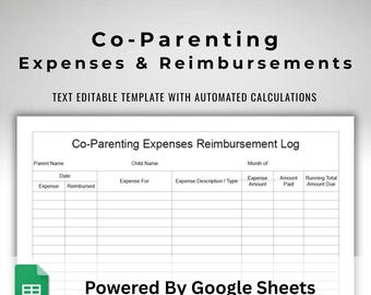 Co-Parenting Expenses Reimbursement Log Google Sheets Editable Spreadsheet Template With Automatic Calculations and Text Fillable Title