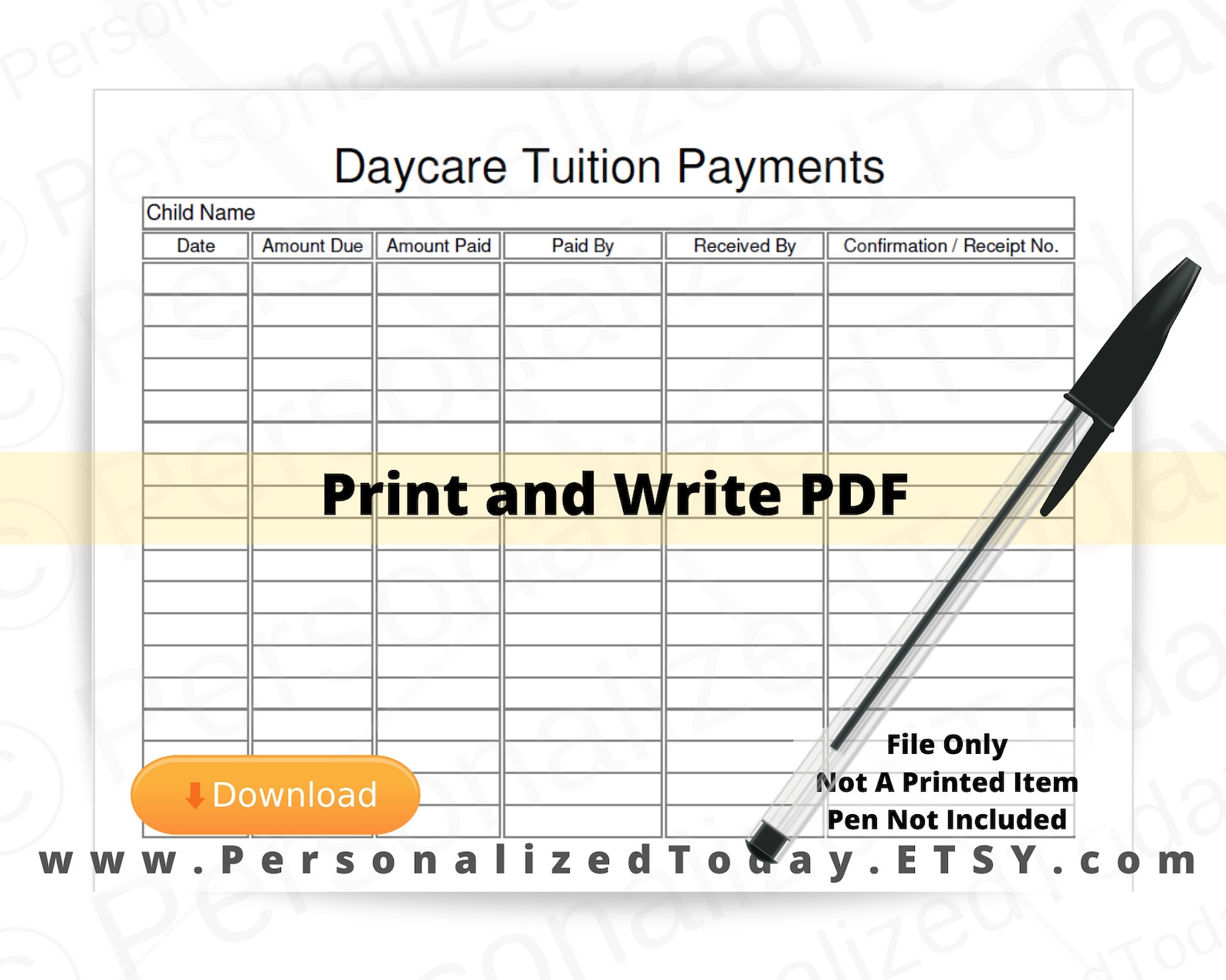 Daycare Tuition Payments Log Fillable and Print and Write PDF - Etsy