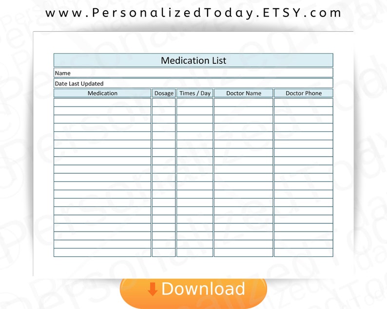 Print and Write PDF Medication List Medicine Names Dosage Etsy