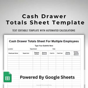 Cash In and Out Drawer Tally Totals Sheet - Multiple Employees Cash Register Balance Sheet - Daily Cash In & Out Summary - Auto Calculated