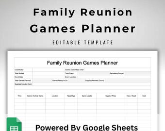 Family Reunion Games Planner Template - Activity Tracker Form - Event Planning Checklist and Budget Log - Google Sheets