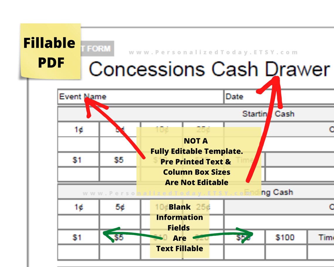 Printable Concessions Cash Drawer Count Sheet Print and Write Etsy