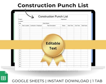 Construction Punch Out List Google Sheets Labor Hours and Tasks Form Template Text Editable Contractor Snag List Printable in US Letter Size