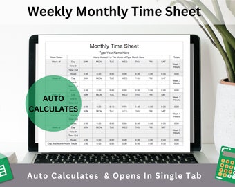 Google Sheets Weekly and Monthly Time Sheet Template Text Fillable / Text Editable Spreadsheet Tracker With Automatic Calculations
