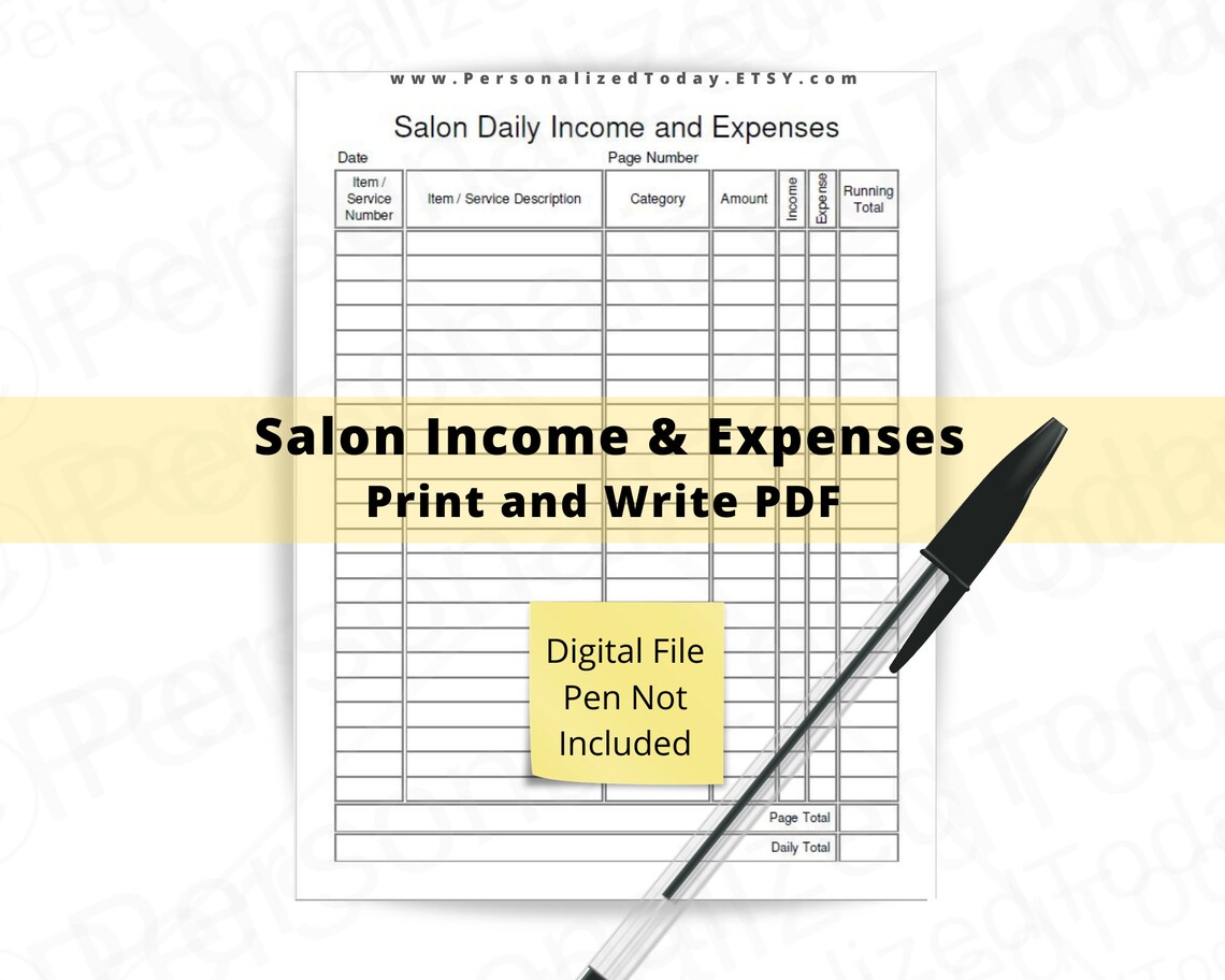 Salon Daily and Expenses Tracker Fillable and Print and Etsy