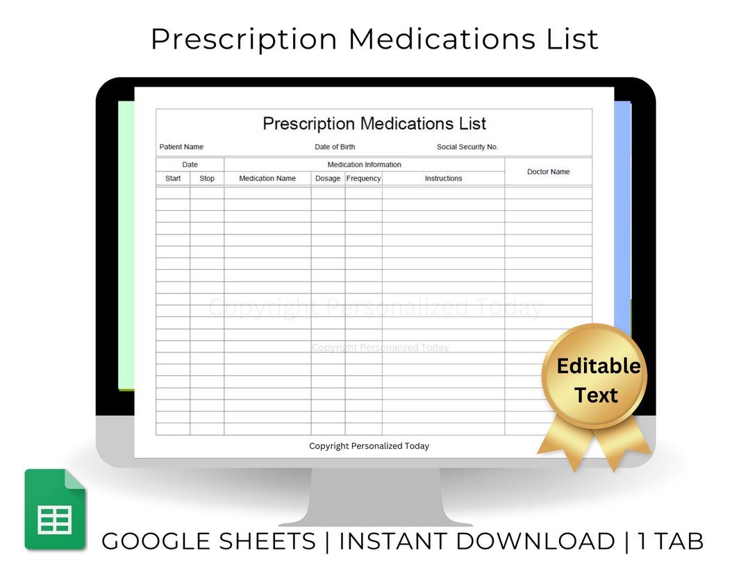 Google Sheets Editable Medications List Template Printable Prescription Google Sheets Editable Medications List Template Printable Prescription