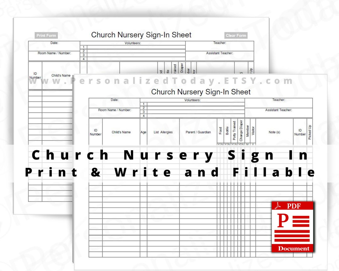 Church Nursery Sign In Sheet Fillable And Print And Write PDF Etsy