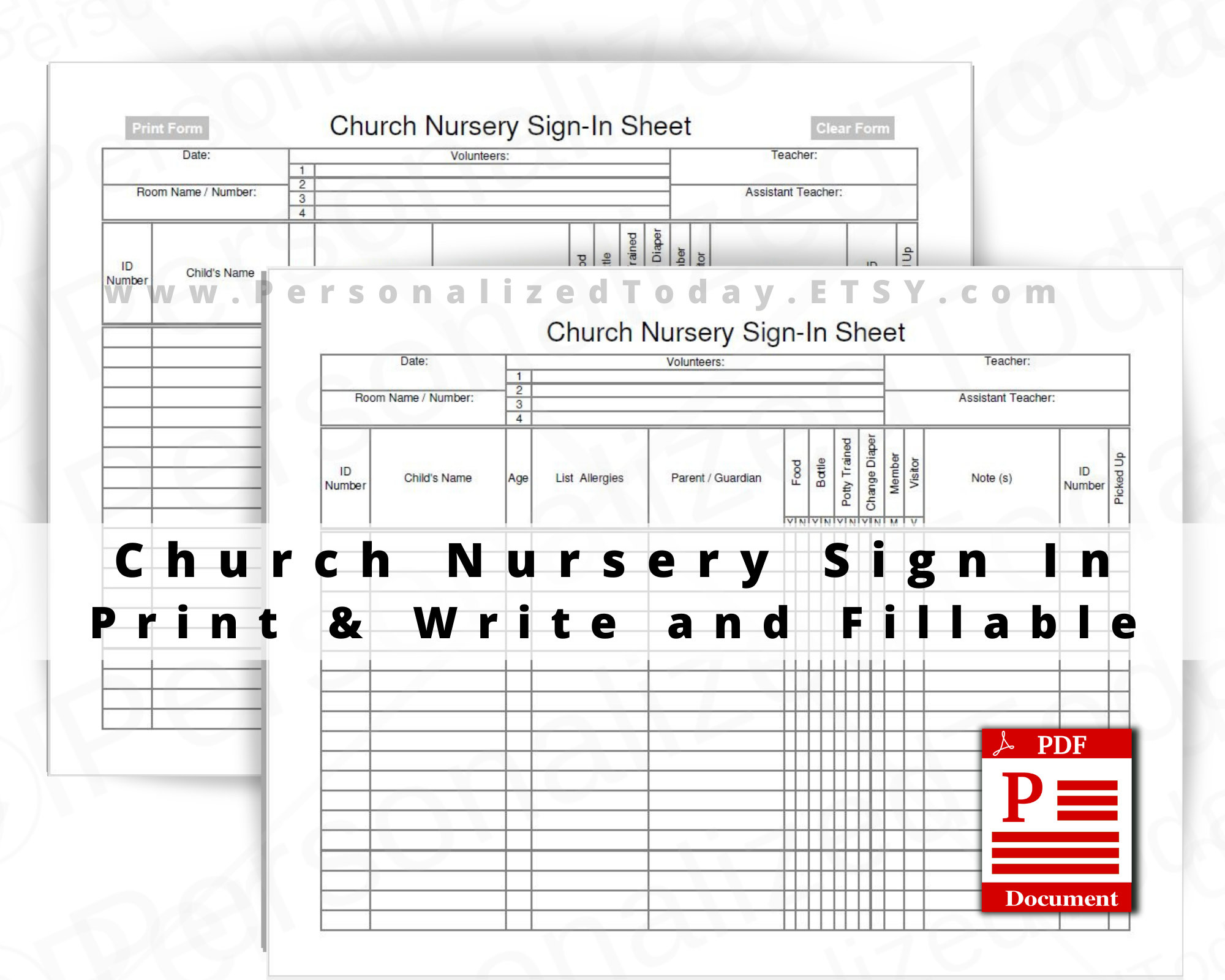 Church Nursery Sign In Sheet Fillable and Print and Write PDF Etsy