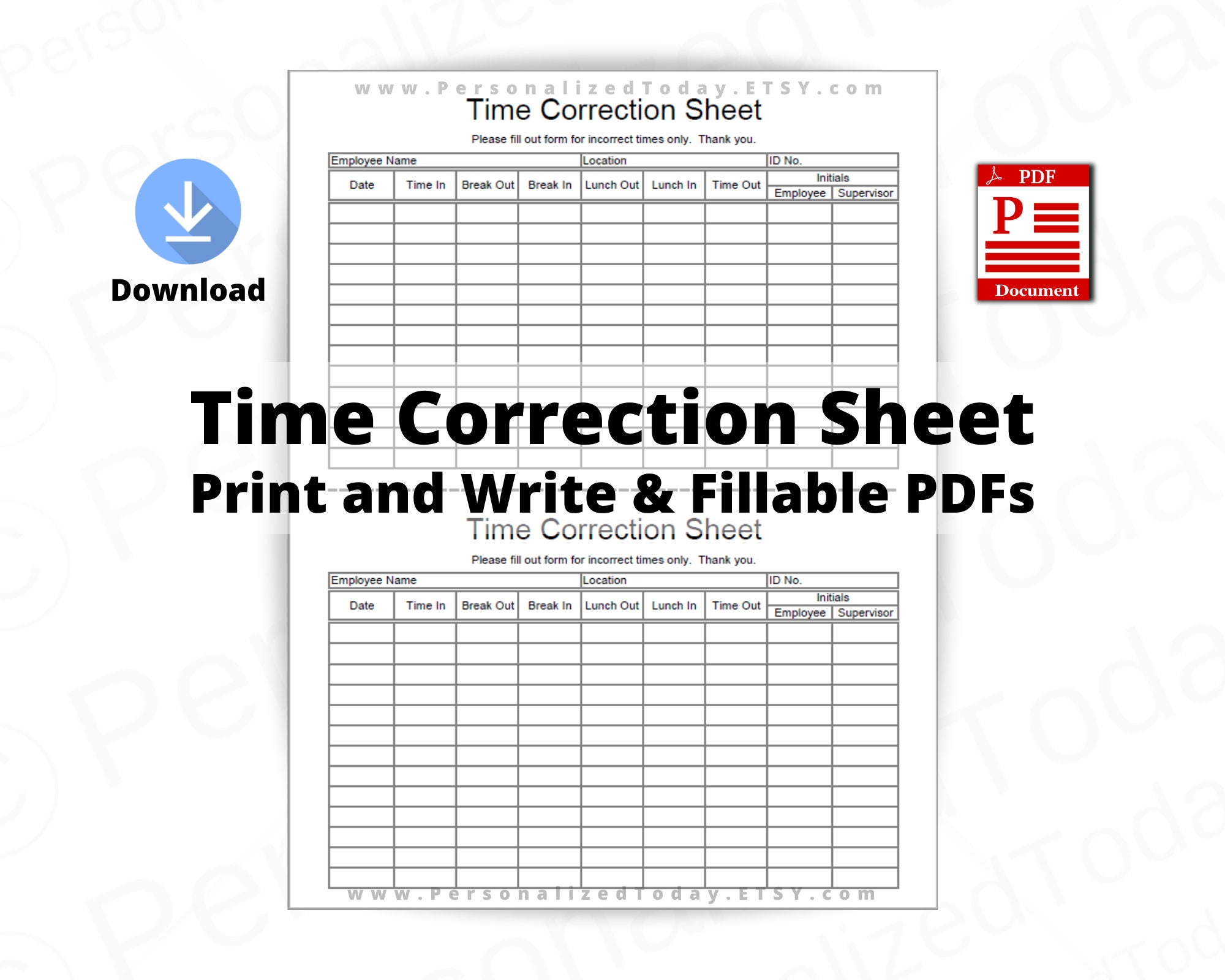 Employee Work Time Correction Sheet Printable and Fillable PDF Digital