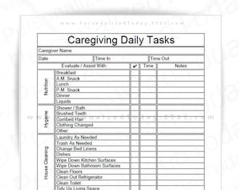 Caregiver Daily Tasks Log With Time Worked Sign In and Sign Out Printable and Fillable PDF Digital Downloads US Letter Size
