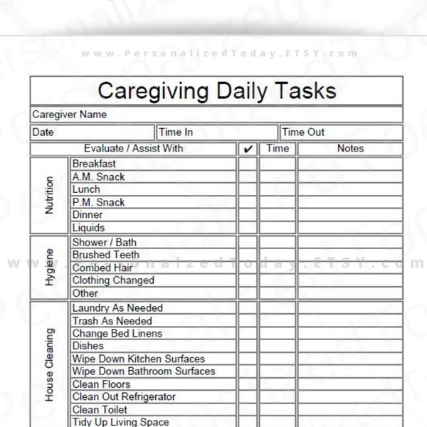 Caregiver Daily Tasks Log With Time Worked Sign In and Sign Out Printable and Fillable PDF Digital Downloads US Letter Size