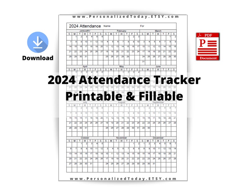 2024 Yearly Attendance Calendar Fillable and Print and Write PDF