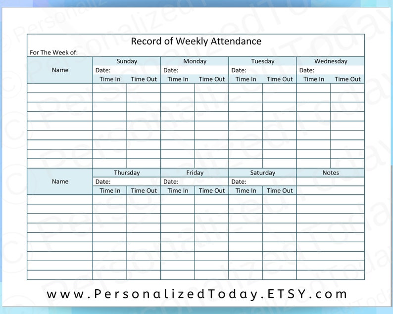 Printable Weekly Child Care Attendance Sheet PDF Digital Etsy