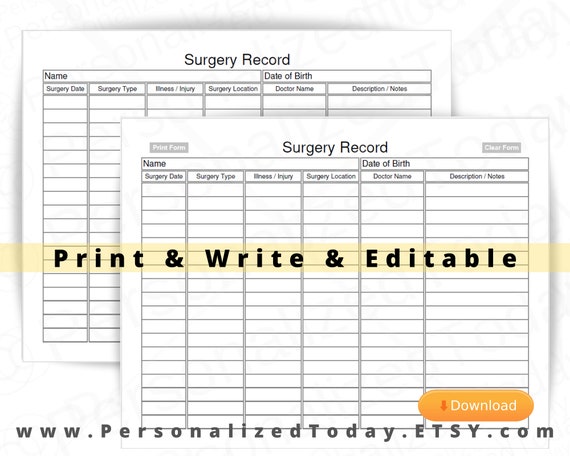 Surgery Record Fillable Editable and Print and Write PDF Files | Etsy