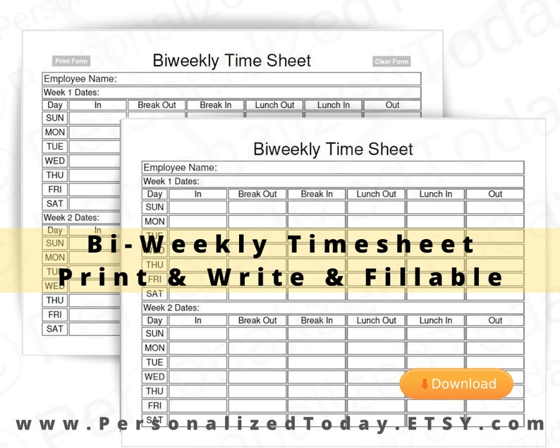 Biweekly Employee Timesheet Fillable Editable and Print and | Etsy