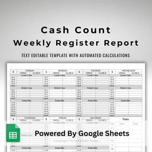 Weekly Cash Register Count Google Sheets Editable Spreadsheet Template With Open and Close Daily and Weekly Amount Totals Calculations