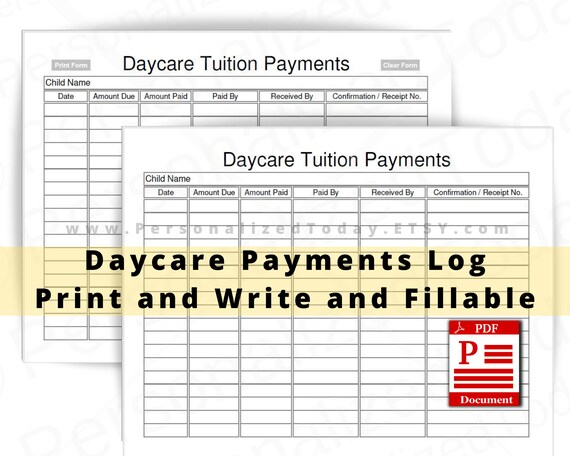 Daycare Tuition Payments Log Fillable and Print and Write PDF - Etsy