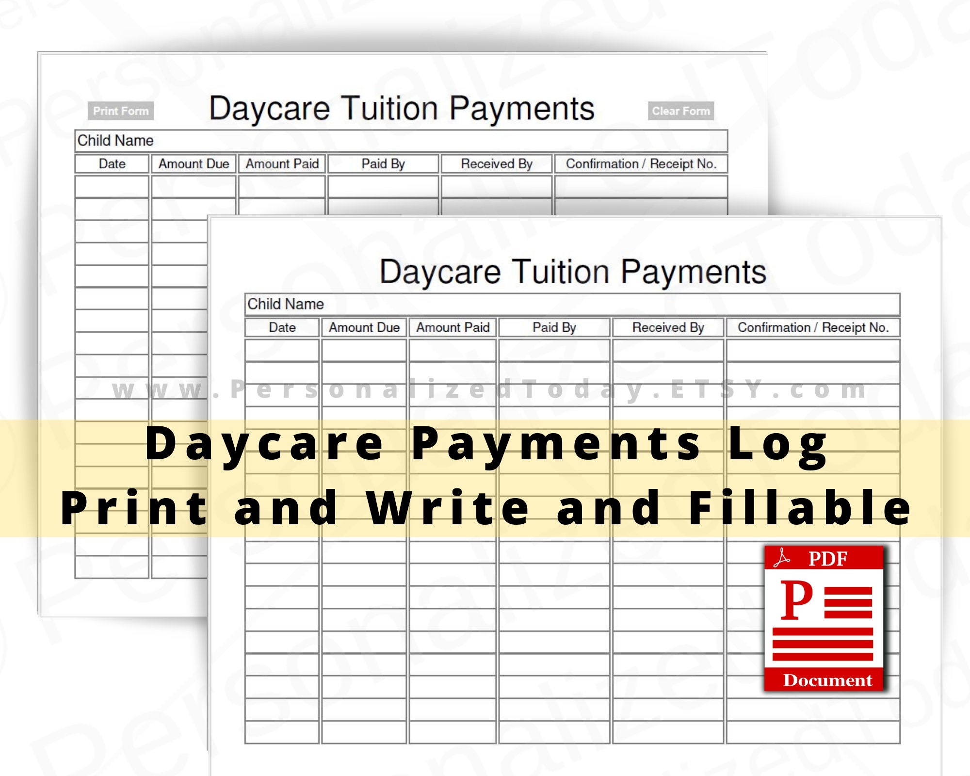 Daycare Tuition Payments Log Fillable and Print and Write PDF Etsy