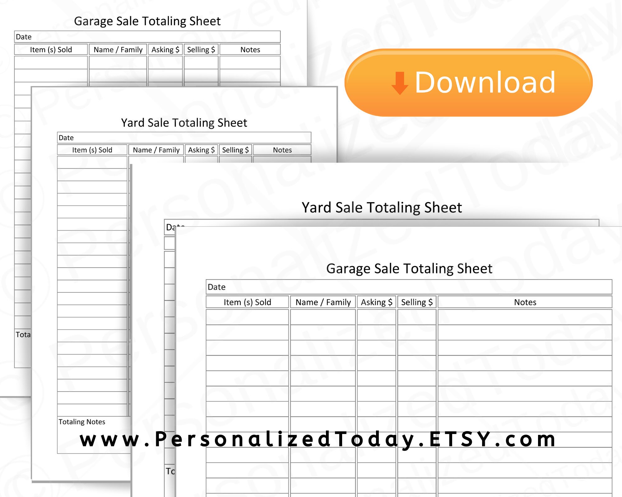 Printable Garage Sale and Yard Sale Money Totaling Sheets PDF Etsy
