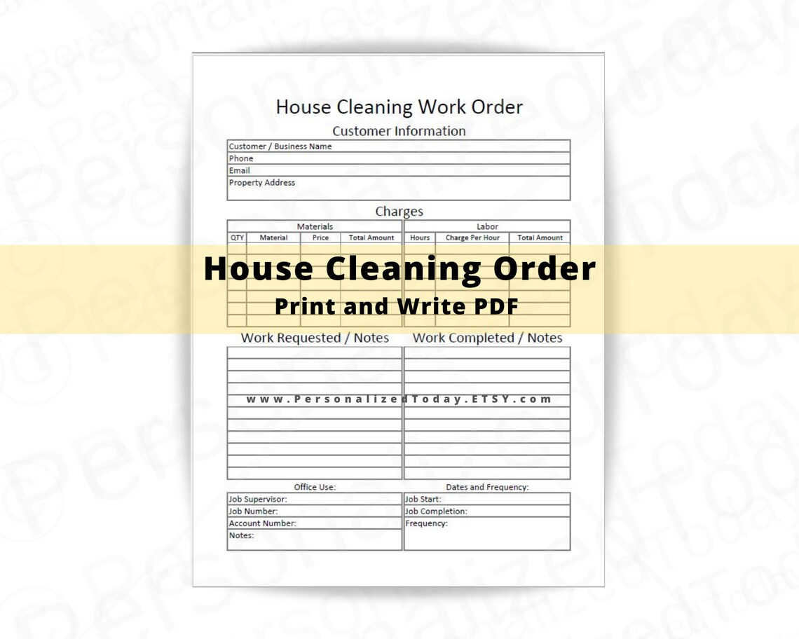 House Cleaning Work Order Printable and Fillable PDF Download Etsy