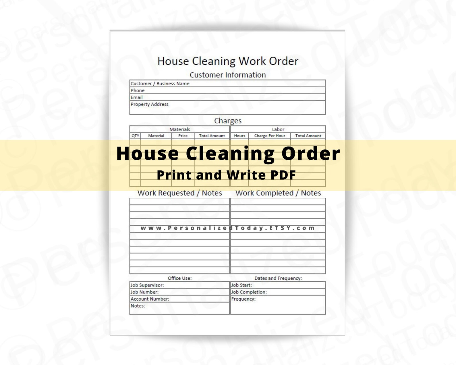 House Cleaning Work Order Printable and Fillable PDF Download Etsy