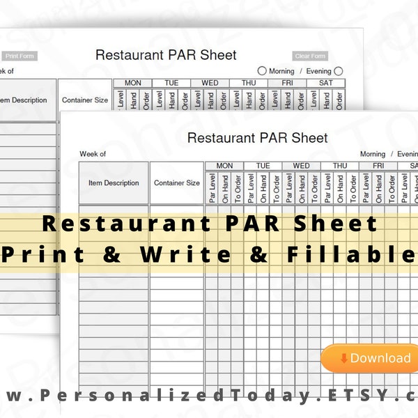 PDF Restaurant PAR Sheet Fillable and Print and Write Digital Download Files US Letter Size Not Fully Editable Templates