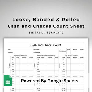 May include: A white cash and checks count sheet template with the title "Loose, Banded & Rolled Cash and Checks Count Sheet" and the text "Editable Template". The sheet is designed for tracking currency and coins, with sections for loose, banded, and rolled amounts.