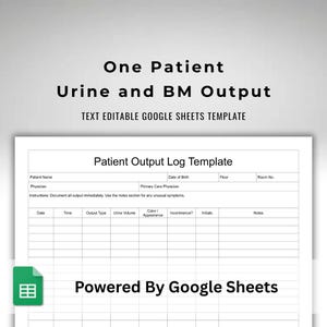 May include: A white document titled "One Patient Urine and BM Output" with a "Patient Output Log Template" and fields for patient information. The document is a text-editable Google Sheets template.