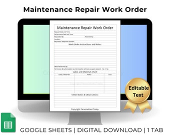 Maintenance Repair Work Order Template  Property Upkeep Service and Improvements Record Text Editable Google Sheets Template US Letter Size