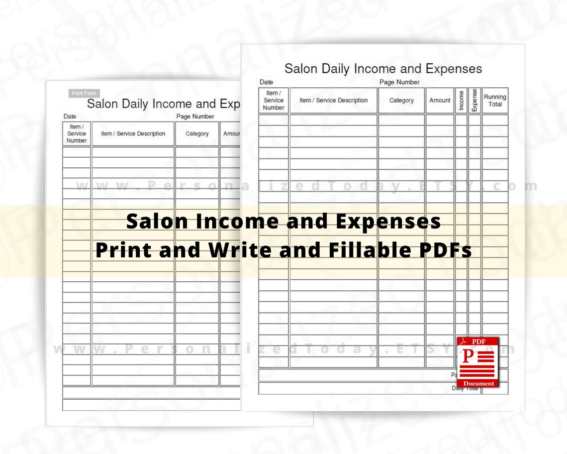 Salon Daily and Expenses Tracker Fillable and Print and Etsy