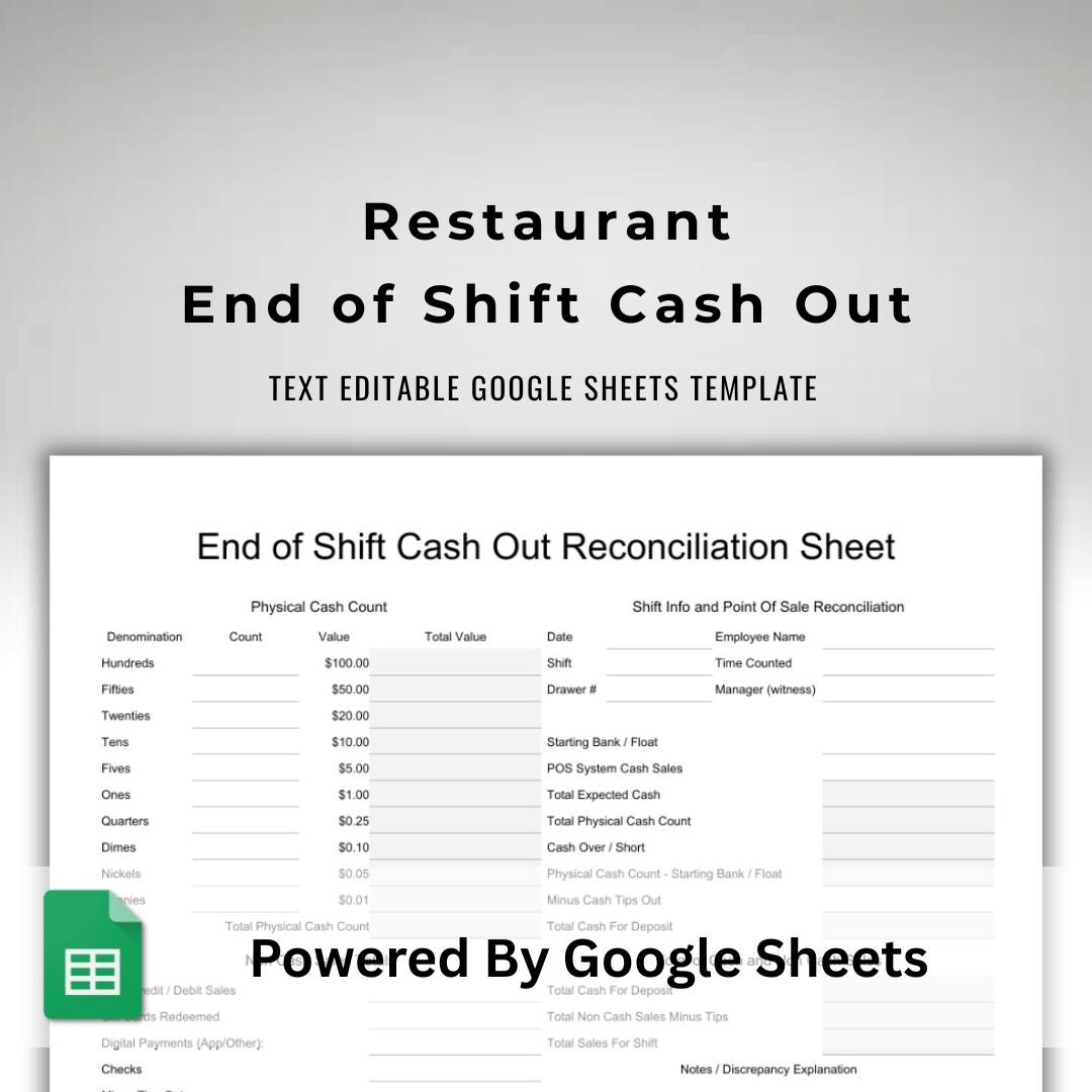 Restaurant End of Shift Cash Out - Editable Google Sheets ...