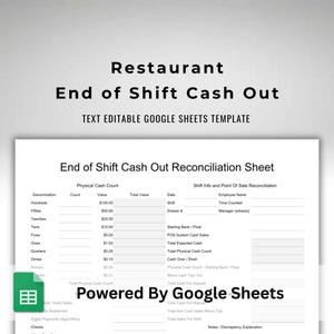 Puede incluir: Una plantilla de Google Sheets en blanco para la conciliación de caja al final del turno en el restaurante. El documento incluye secciones para el recuento físico de efectivo, la información del turno y la conciliación del punto de venta. El texto en el documento dice "Restaurant End of Shift Cash Out".